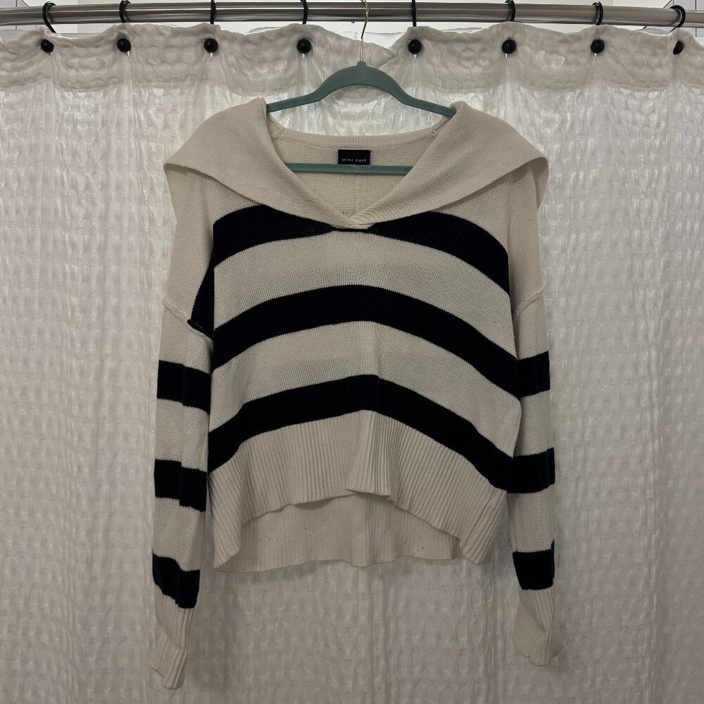 Coastal Navy and Off-White Striped Sweater with Sailor Collar